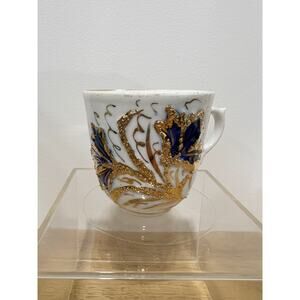 1 Antique German Porcelain Demitasse Cup w/ Blue & Applied Gold Decoration